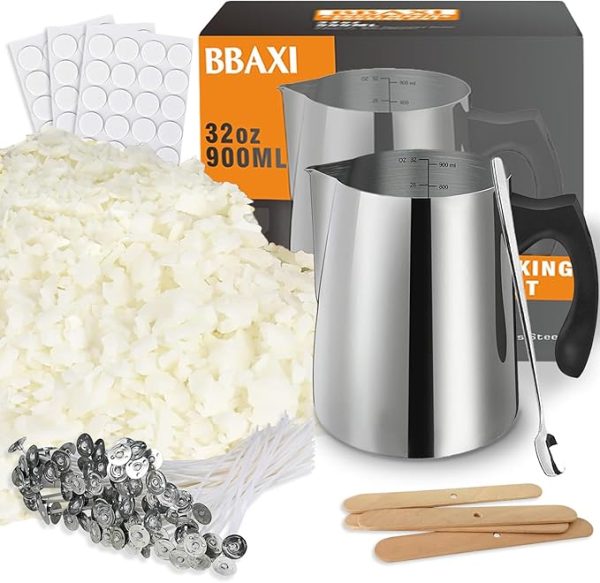 Candle Making Kit - 32oz Pouring Pot, 16oz Soy Wax, Wooden Wick Holders, Candle Wicks, Stickers and Spoon